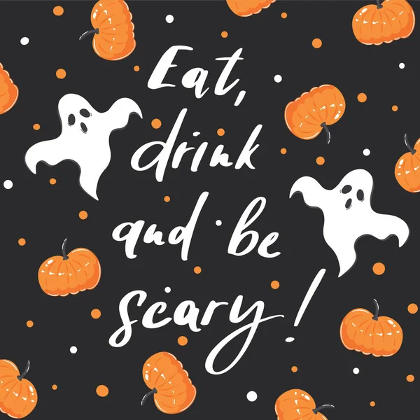 Einladungskarte Halloween Mit Handgezeichneten Elementen Und Schriftzug Essen Trinken Und — Stockvektor