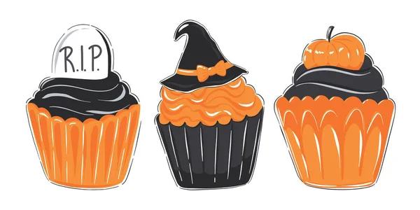 Ensemble Cupcakes Halloween Collection Cliparts Dessert Mignon Drôle Aux Couleurs — Image vectorielle