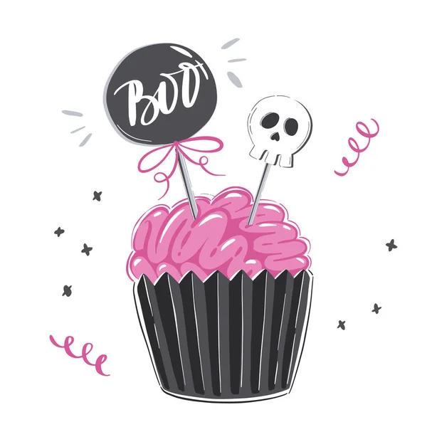 Ilustrasi Halloween Dengan Cupcake Icing Merah Muda Dalam Bentuk Otak - Stok Vektor