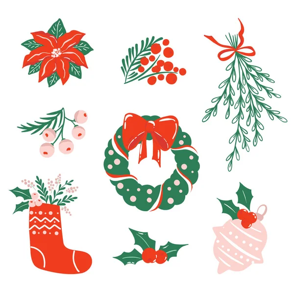Coleção Ilustrações Temáticas Natal Isoladas Sobre Fundo Branco Clipart Temporada —  Vetores de Stock