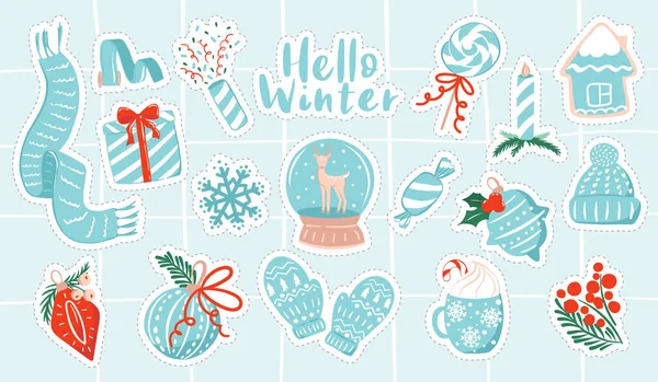 Conjunto Adesivos Com Tema Férias Inverno Natal Coleção Clipart Feriado —  Vetores de Stock