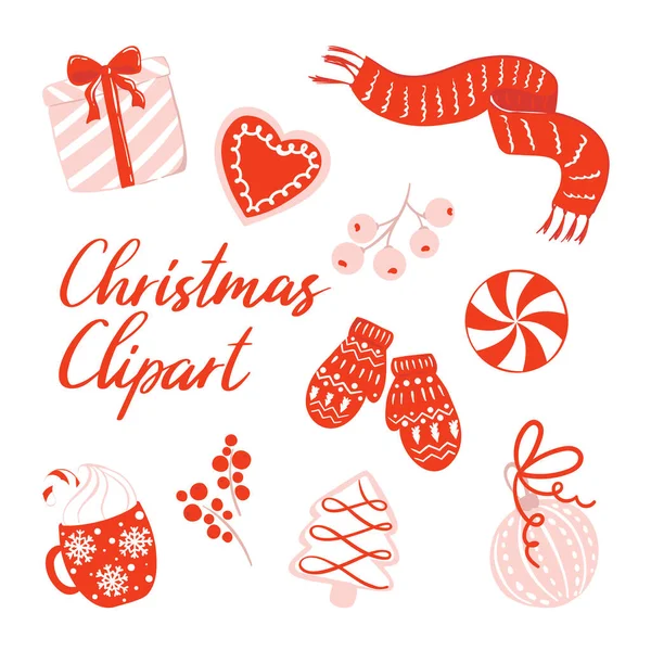 Clipart Natal Cartão Felicitações Época Festiva Ilustração Alegre Com Itens —  Vetores de Stock