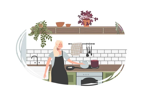 Mamá mujer cocinando en la cocina preparándose para la ilustración de dibujos animados de alimentos. Mujer joven en la cocina cocinando cena aislada en blanco — Archivo Imágenes Vectoriales