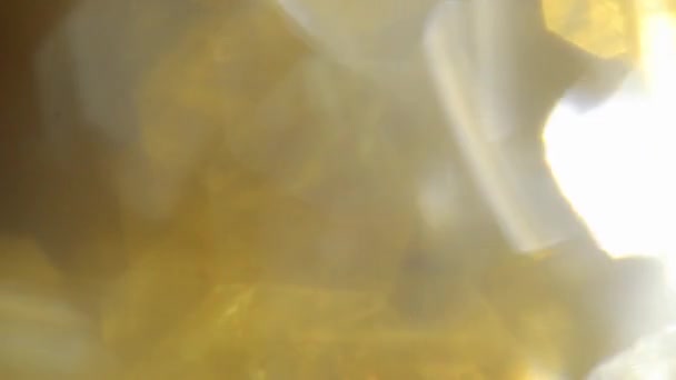 Розфокусовані золоті кристали розмиваються боке яскравим блиском. Блимаюче сяюче відображення . — стокове відео