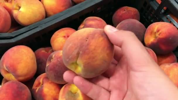 Ung man plocka persikor i snabbköpet. — Stockvideo