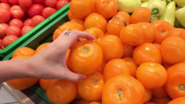 Alıcı taze sarı olgun domates süpermarkette seçer..