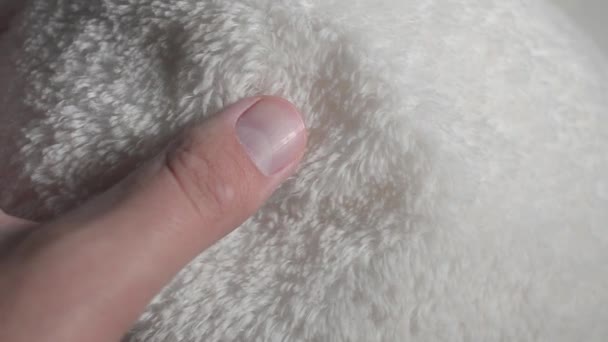 Närbild av en hand som tar syntheticpolyester päls. — Stockvideo