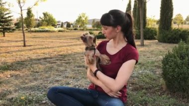 Sarılma ve öpüşme Yorkshire Terrier Köpek Genç beyaz kız.