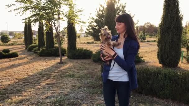 Atraktivní veselá dívka, objímání a líbání s malým psa Jorkšírský teriér. — Stock video