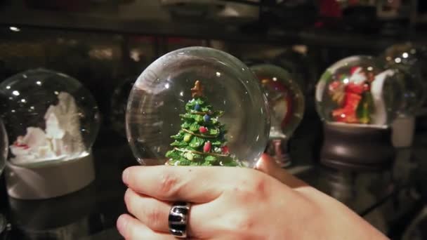 Mooie winter sneeuw globe met kerstboom binnen. Slow motion. — Stockvideo