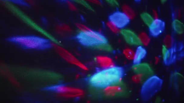 Projectie op de muur. Snel bewegende abstract kleurrijk deeltjes, reflections, schaduwen. 4k. — Stockvideo