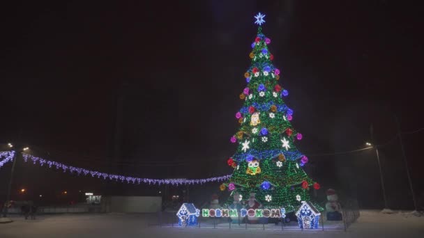 Sumy, Ukraina - 21 Dec 2018: Vacker julgran på torget. — Stockvideo