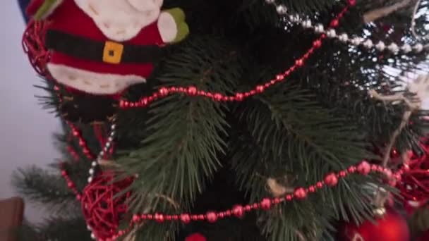 Schön geschmückter Weihnachtsbaum. Spielzeugbär, Weihnachtsmann, Kugeln und Girlanden. — Stockvideo