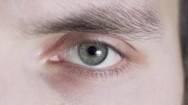 Bir erkek gri göz Close-up. Adam yanıp söner, öğrenci genişletir ve daraltır.