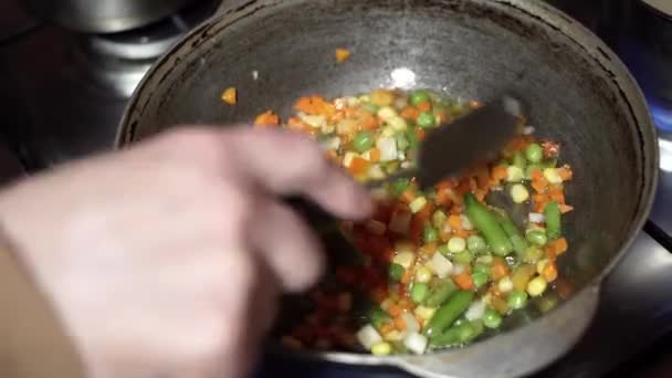 Hand fries het fruit mengsel in een diepe pan. Koken gezond diner thuis. — Stockvideo