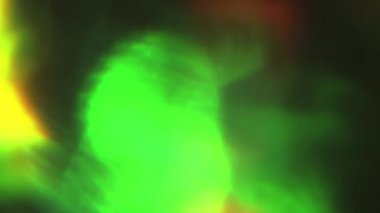 Defocused yeşil psychedelic ışık noktalar karanlık odada kaotik parlar. Yaratıcı geçişler, doğal bokeh. 