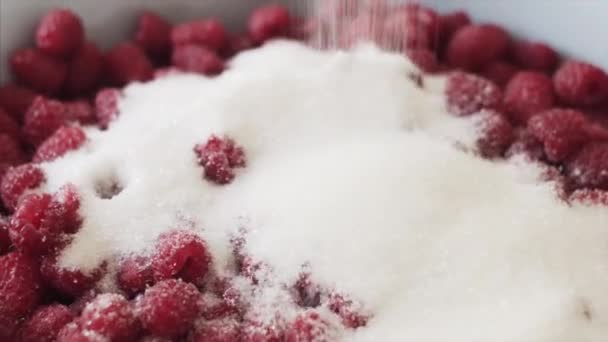 Ama de casa vierte azúcar en un tazón de mermelada de frambuesa . — Vídeos de Stock