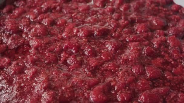 Gros plan d'une confiture de framboises fraîches . — Video