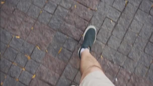 Trendy traveler in shorts and green sneakers on paving slabs. Top view. — Stock Video