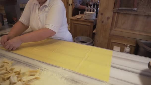 Kadın şef manuel olarak ravioli ile kıyma yapar. Geleneksel İtalyan ulusal yemeği. — Stok video