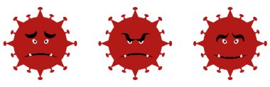 Coronavirus yüz ifadeleri, kırmızı renkli covid-19 hüzün, öfke, neşe.