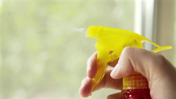 Close-up de uma mão com um pulverizador de água, limpar a casa, limpeza . — Vídeo de Stock