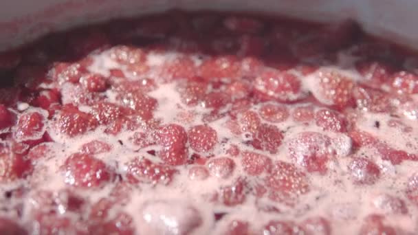 Η μαρμελάδα φράουλα μαγειρεύεται στη σόμπα. Η διαδικασία παρασκευής σπιτικής μαρμελάδας. — Αρχείο Βίντεο