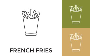 Düzenlenebilir patates kızartması ince çizgi simgesi ve başlığı. Mobil Uygulama, Web Sitesi, Yazılım ve Yazdırma Ortamı için kullanışlı.