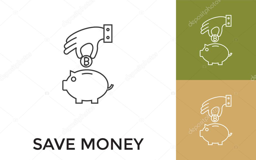 Editable Save Money in Piggy Bank Thin Line Icon with Title. Useful For Mobile Application, Website, Software and Print Media.