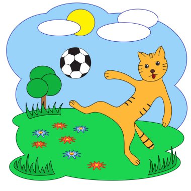 Vektör çizim. Bir futbol topu ile kedi.