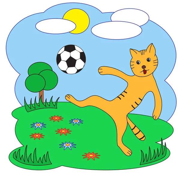 Vektör çizim. Bir futbol topu ile kedi.