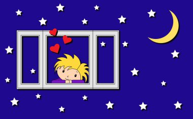 Vektör çizim bir çocuk bir gece gökyüzü arka plan üzerinde bir pencerede aşık.