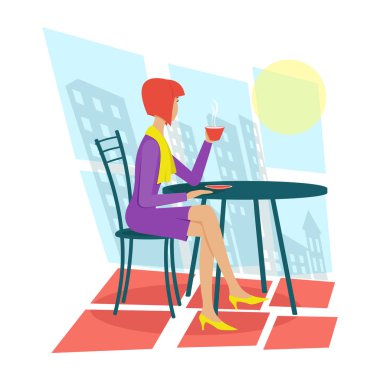 Bir kızla masada oturur. Sabah.