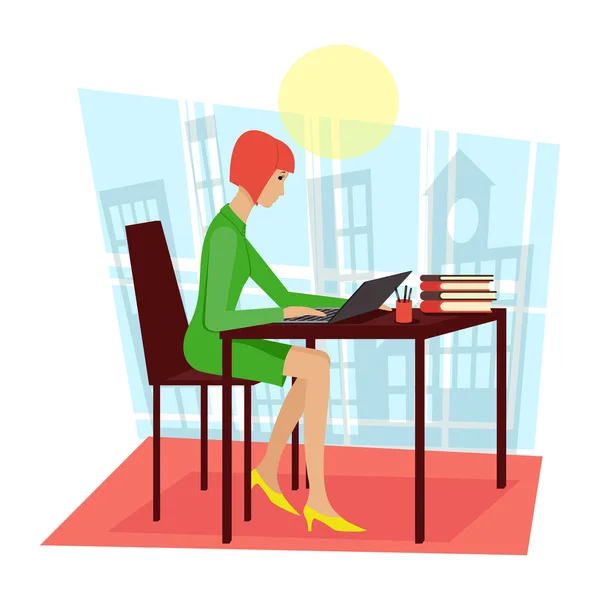 一个女人坐在桌子上, 在笔记本电脑上工作。. — 图库矢量图片