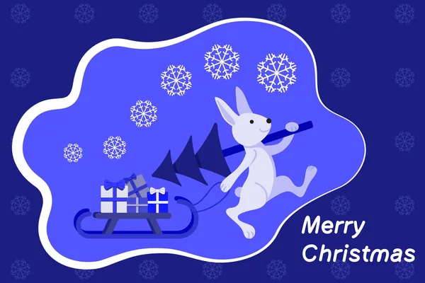 Un conejo lleva un árbol de Navidad y lleva un trineo con regalos. Feliz Navidad. . — Vector de stock