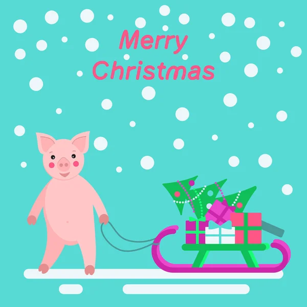 Cerdo y trineo con regalos y árbol de Navidad . — Vector de stock