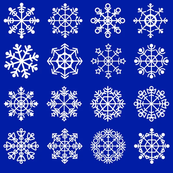 Set of simple white snowflakes on a blue background. — Stock Vector