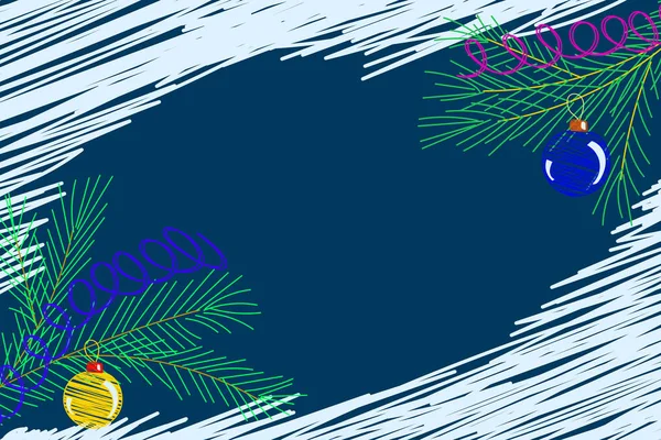 Vektor-Illustration, Weihnachtsbaumzweig mit Neujahrsball auf blauem Hintergrund. — Stockvektor