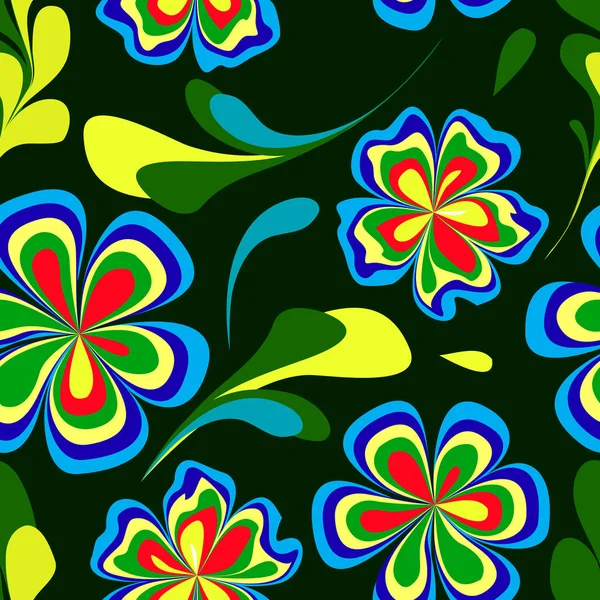 Flores y hojas abstractas sobre un fondo verde oscuro. El patrón es sin costuras . — Vector de stock