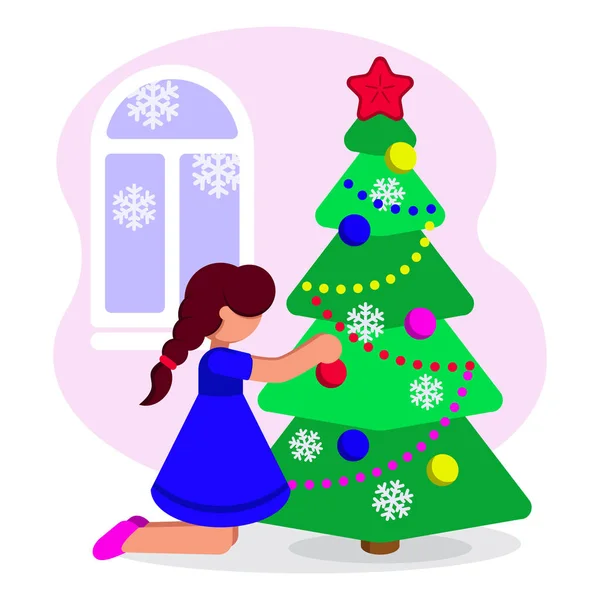 La muchacha adorna el árbol de Navidad para la fiesta. Ilustración vectorial . — Vector de stock