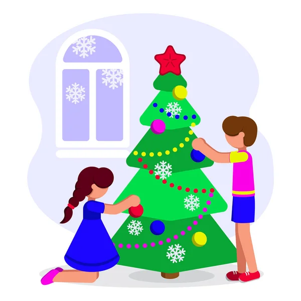 Chica y niño visten un árbol de Navidad para las vacaciones . — Vector de stock