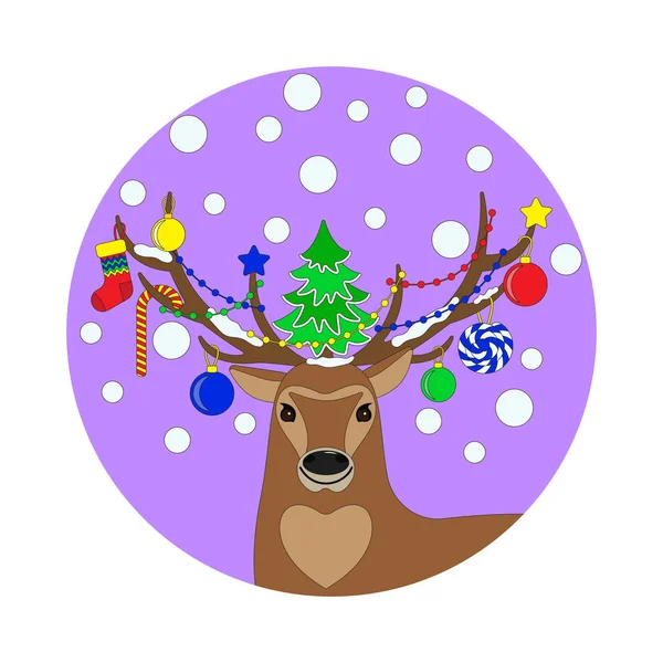 Un ciervo con un árbol de Navidad en la cabeza y cuernos decorados . — Vector de stock