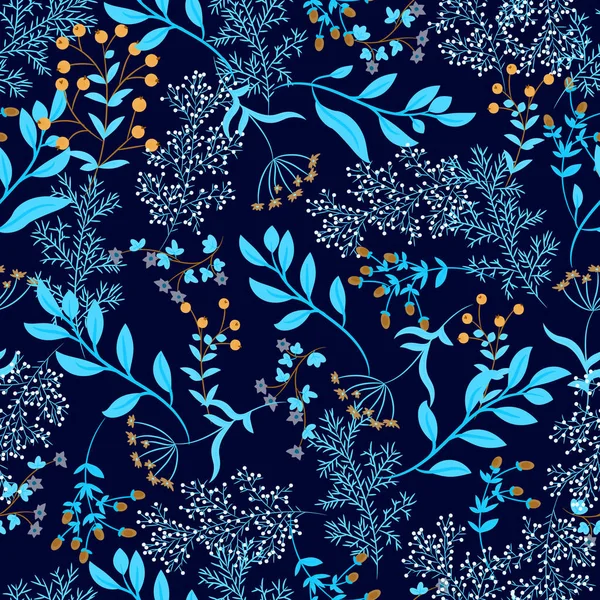 Motif floral sans couture de différentes branches et baies sur un fond bleu foncé . — Image vectorielle