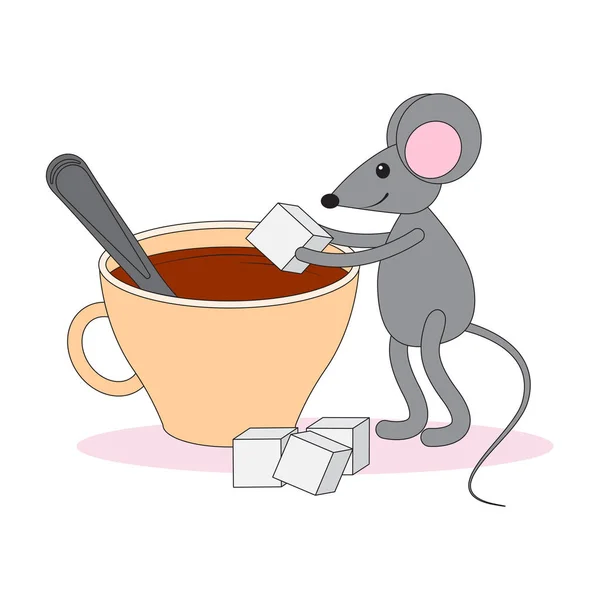Une souris grise ajoute du sucre à la tasse avec une boisson . — Image vectorielle