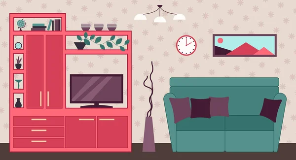 Camera interna con divano, armadio, TV. Design piatto. — Vettoriale Stock