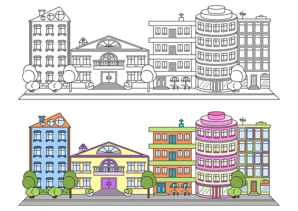 Жилые многоэтажные красочные дома рядом с дорогой. Раскраска. — стоковый вектор
