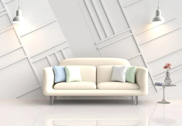 White room decor with yellow-cream sofa, pink flower in glass vase, green and white pillows, lamp, White cement wall it is pattern, white cement floor.The sun shines through the window. 3d render.