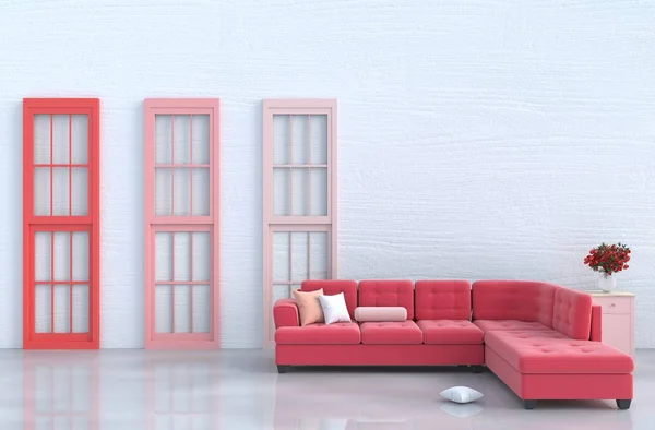 White living room decor with red sofa, red and pink window, white wood wall, pillow, bedside table, grey white  cement floor, red rose, vase. Valentine\'s day of love. 3d render.