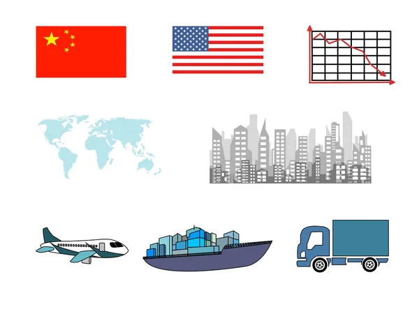Набор Экономического Кризиса Падение Бизнеса Рыночные Риски Китайский Американский Флаг — стоковый вектор