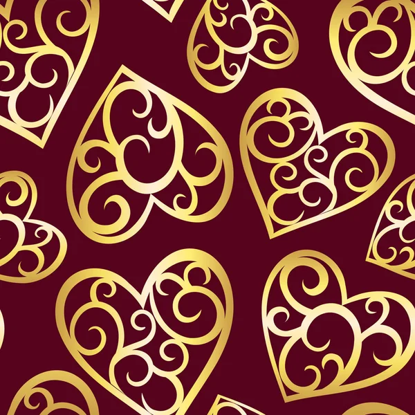 Goldenes Herz Auf Karminrotem Nahtlosem Muster Valentin Hintergrund Vektorillustration — Stockvektor